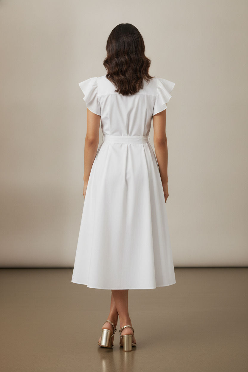 Ruffle Short Sleeve Shirt Dress - White
