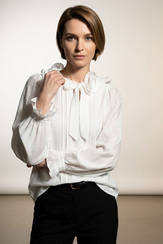Ann Ruffle Blouse with Bow Tie - White