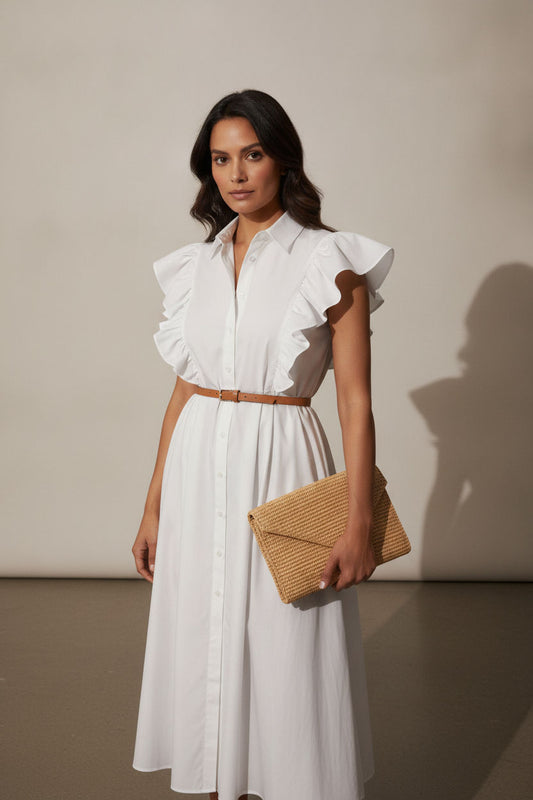 Ruffle Short Sleeve Shirt Dress - White