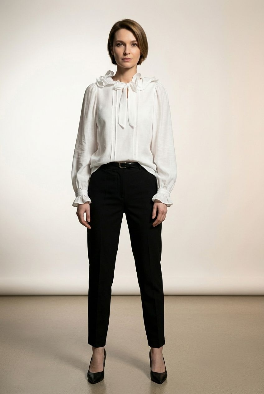 Ann Ruffle Blouse with Bow Tie - White