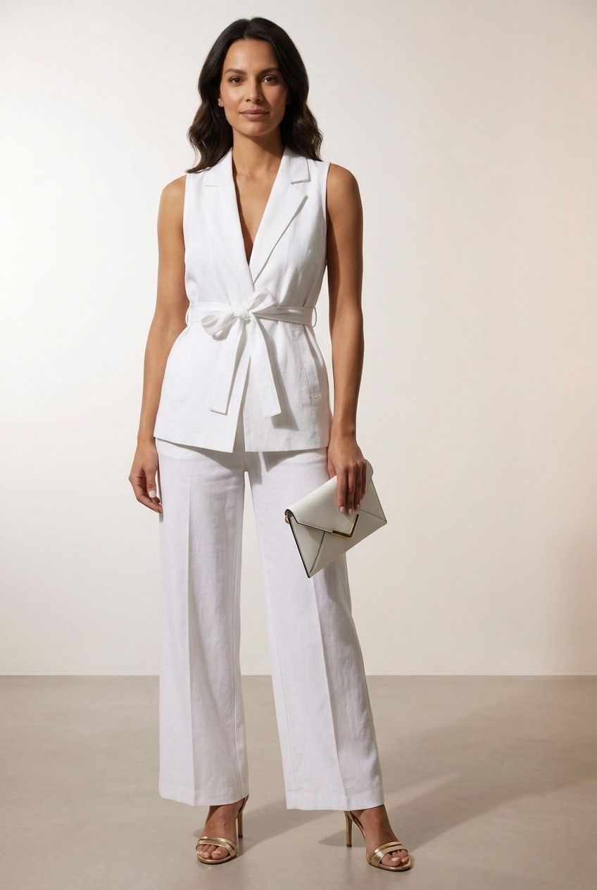 Ava Belted V-Neck Vest - White