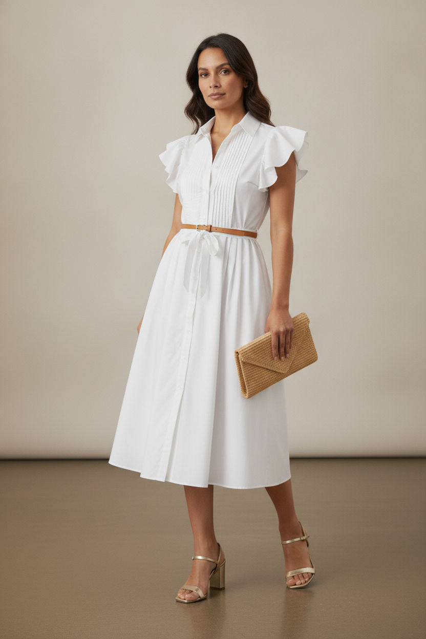 Ruffle Short Sleeve Shirt Dress - White