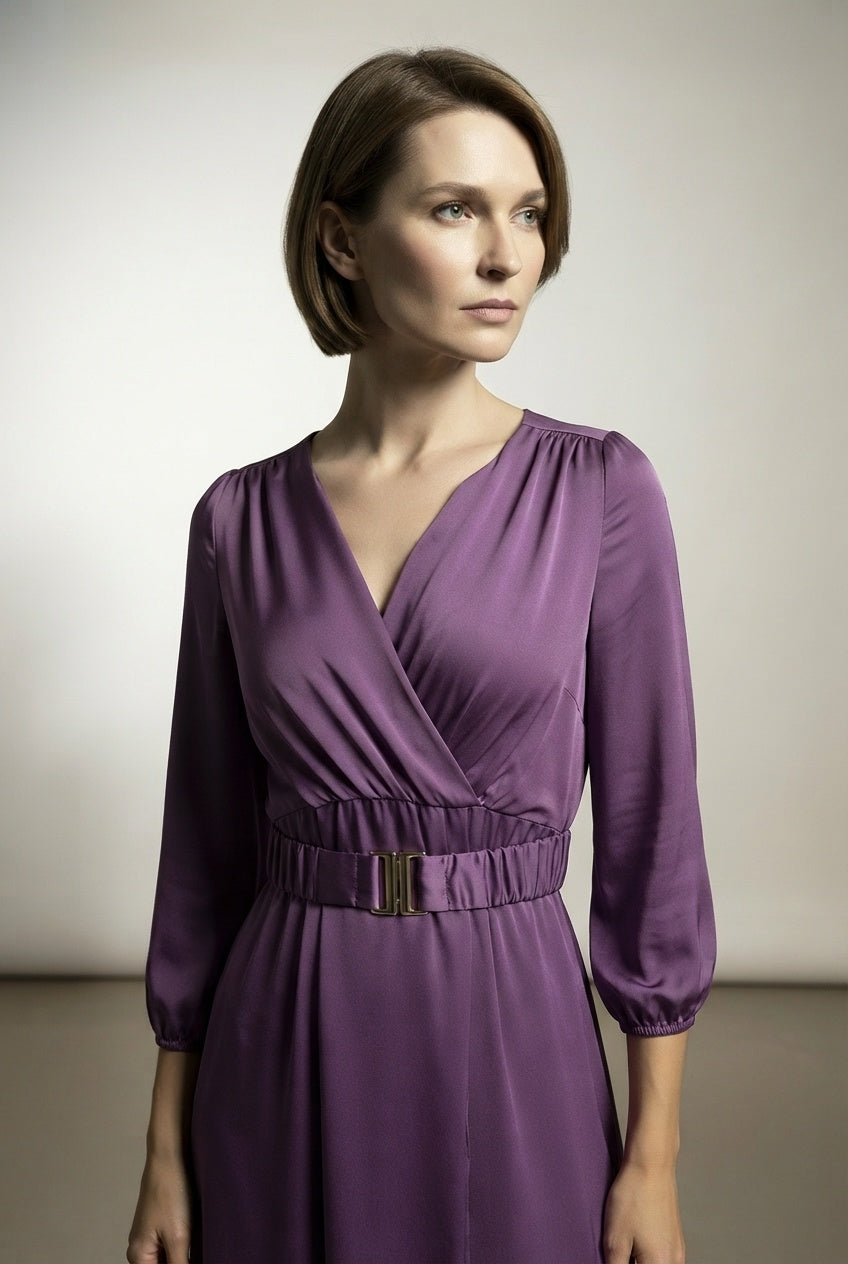 Luna Belted Satin Dress - Purple