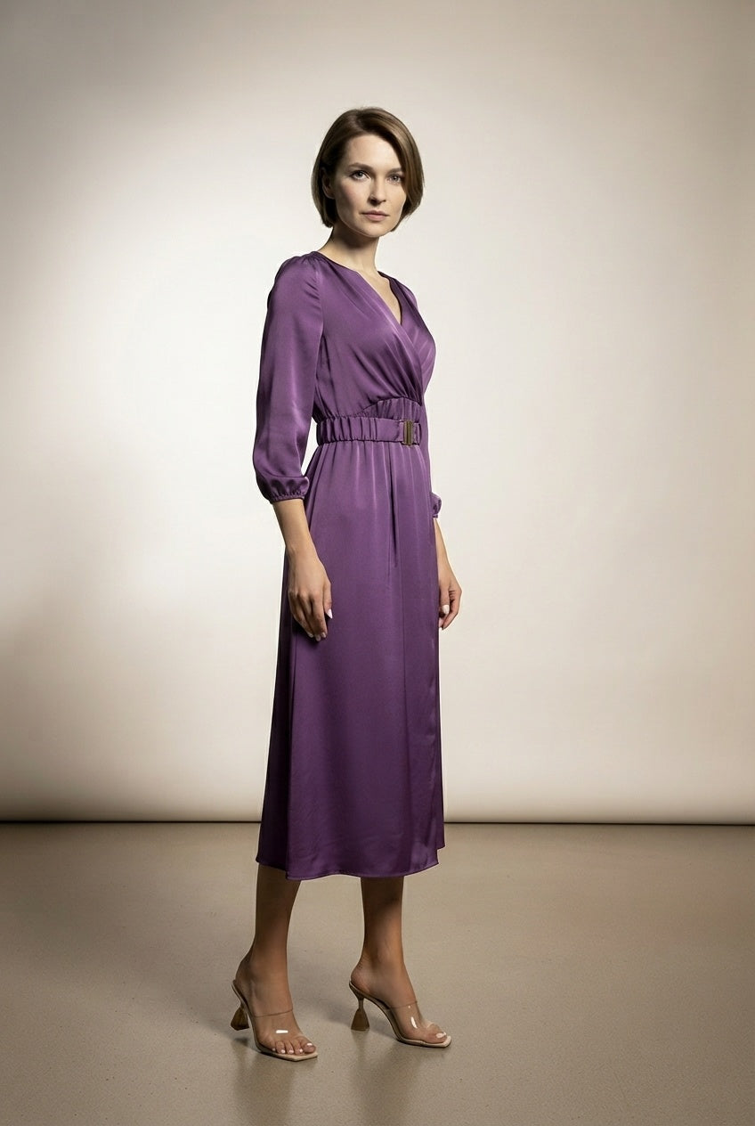 Luna Belted Satin Dress - Purple