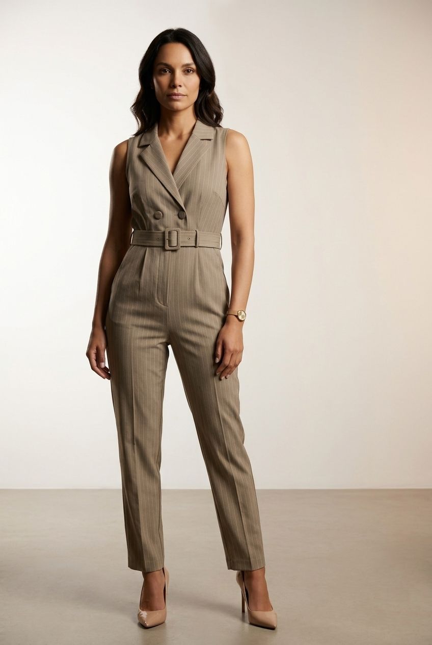 Natalie Stripped Jumpsuit - Taupe