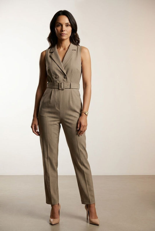 Natalie Stripped Jumpsuit - Taupe