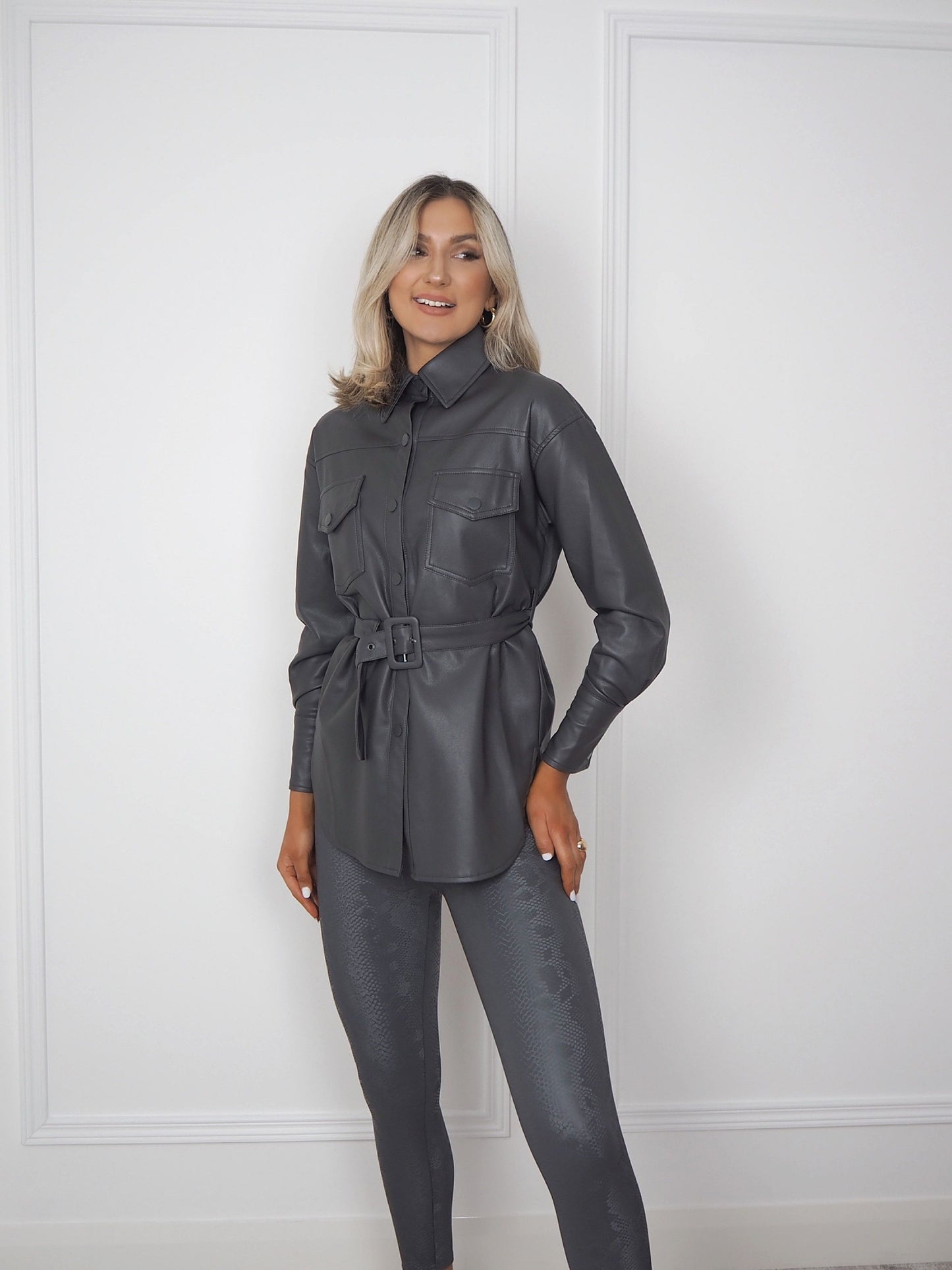 Grey Faux Leather Belted Shirt