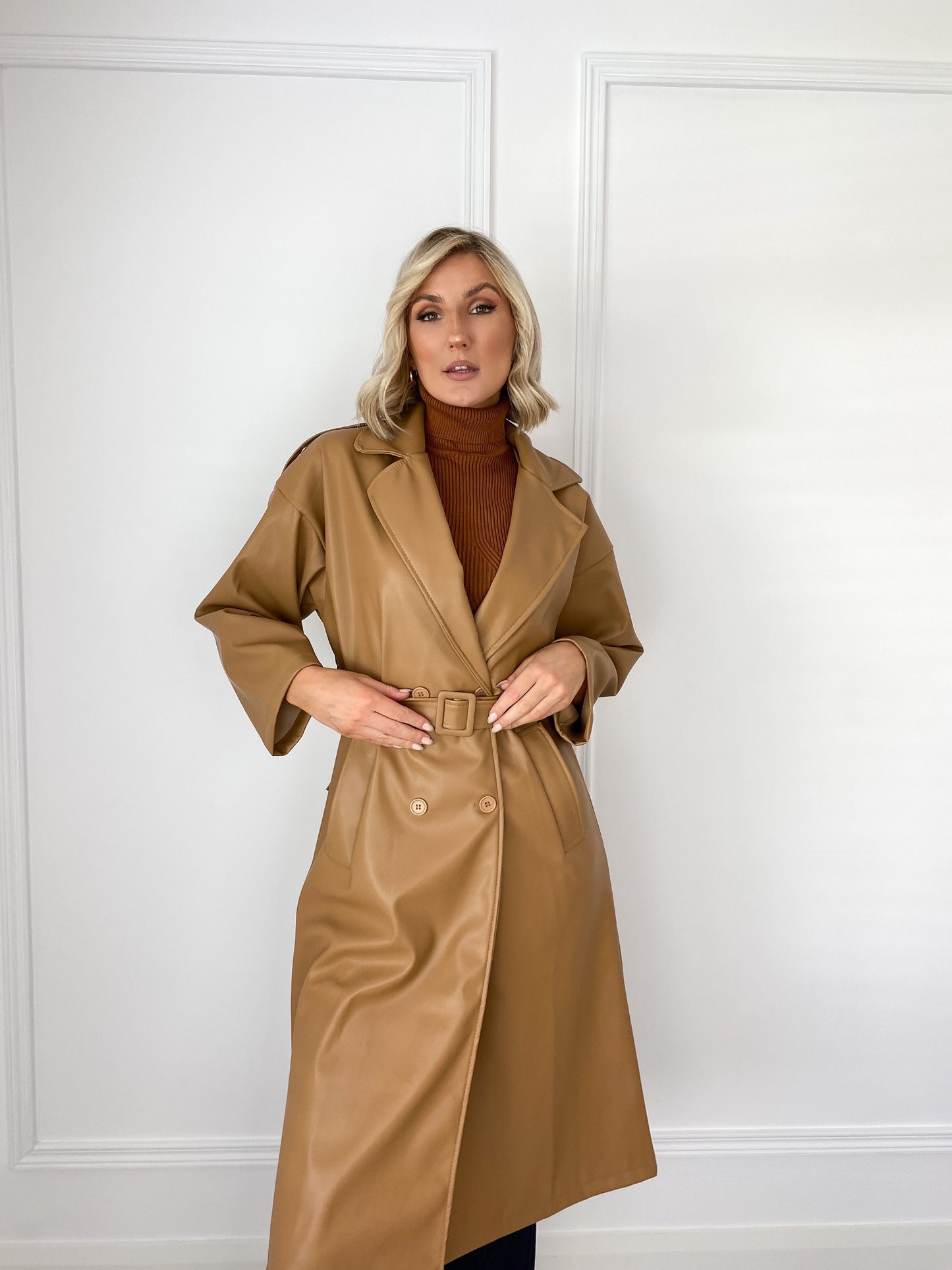 Camel Faux Leather Belted Trench Coat