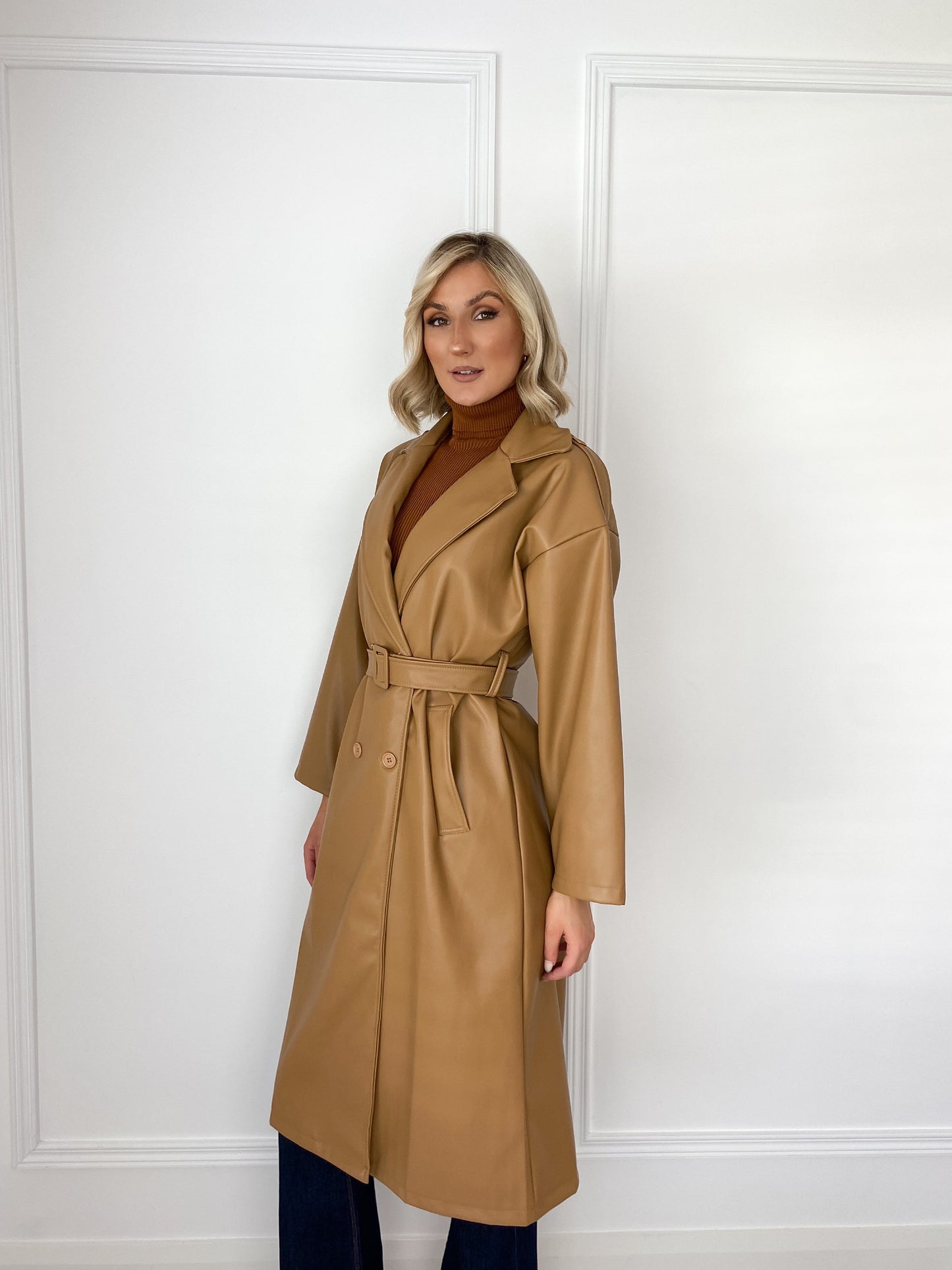 Camel Faux Leather Belted Trench Coat