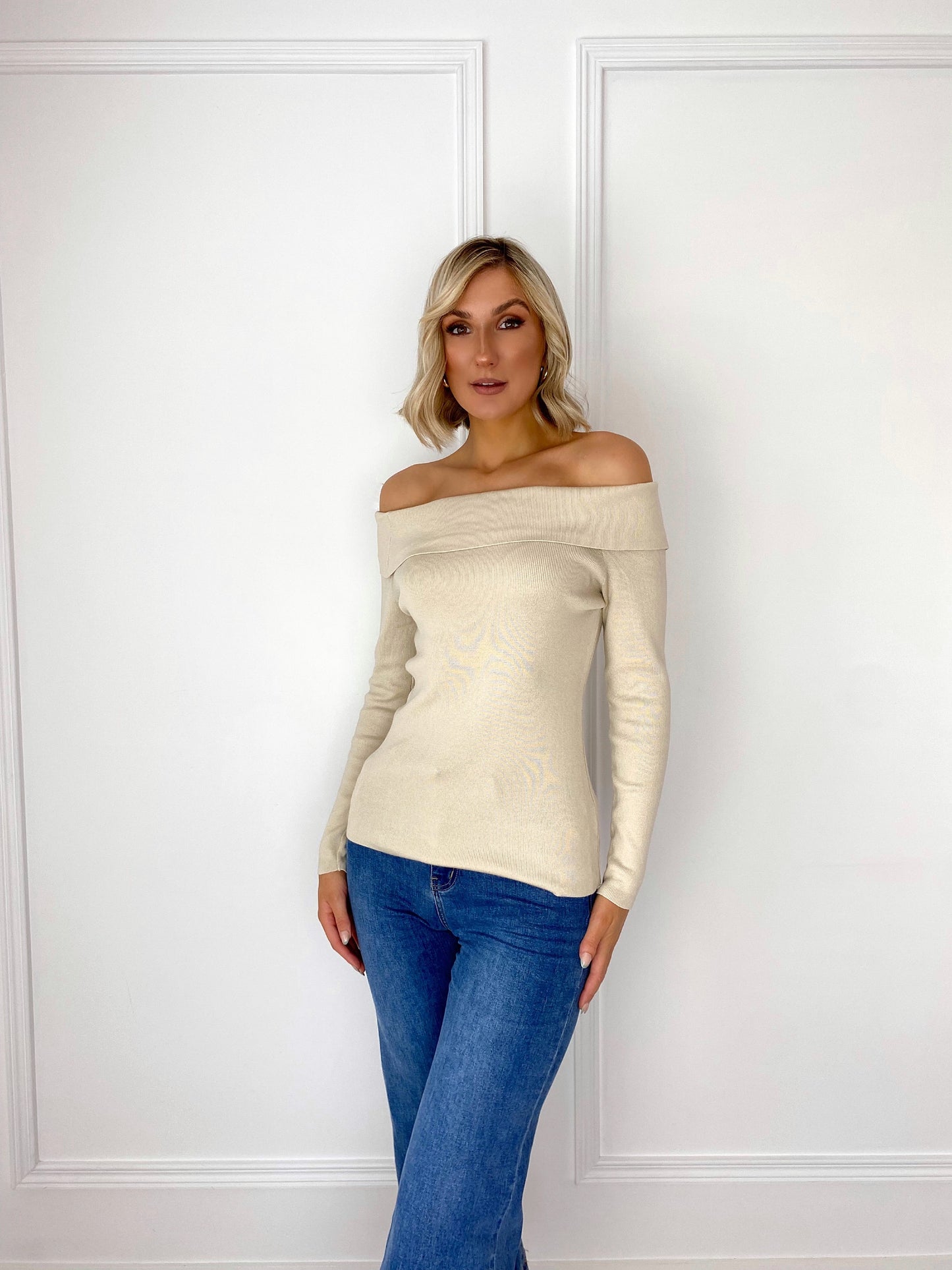 Off-The-Shoulder Ribbed Top - Beige