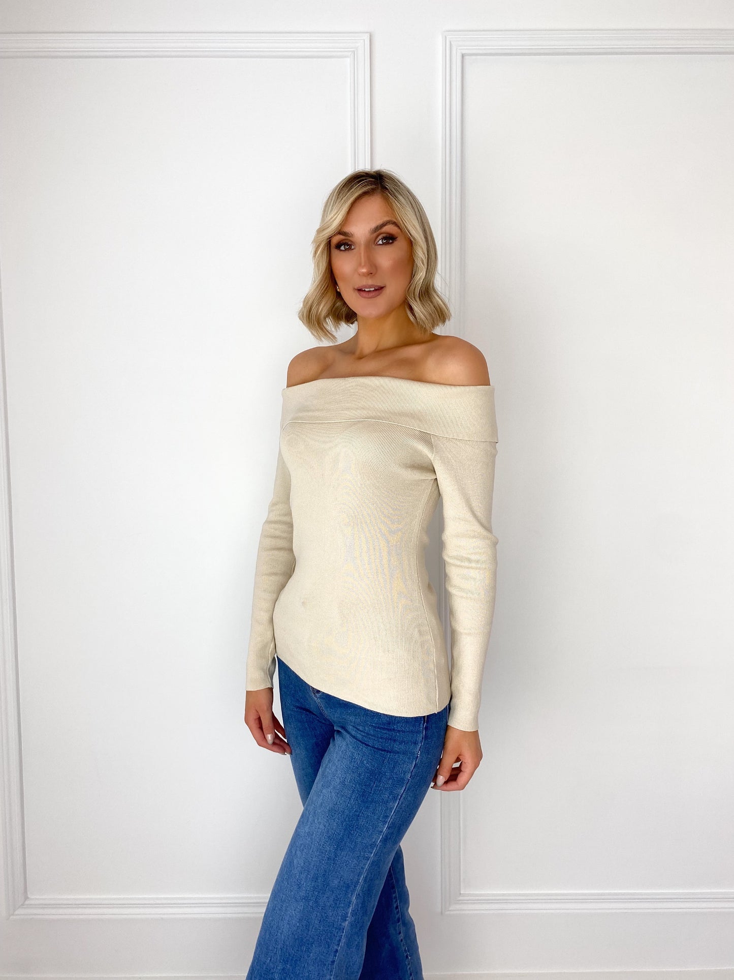 Off-The-Shoulder Ribbed Top - Beige