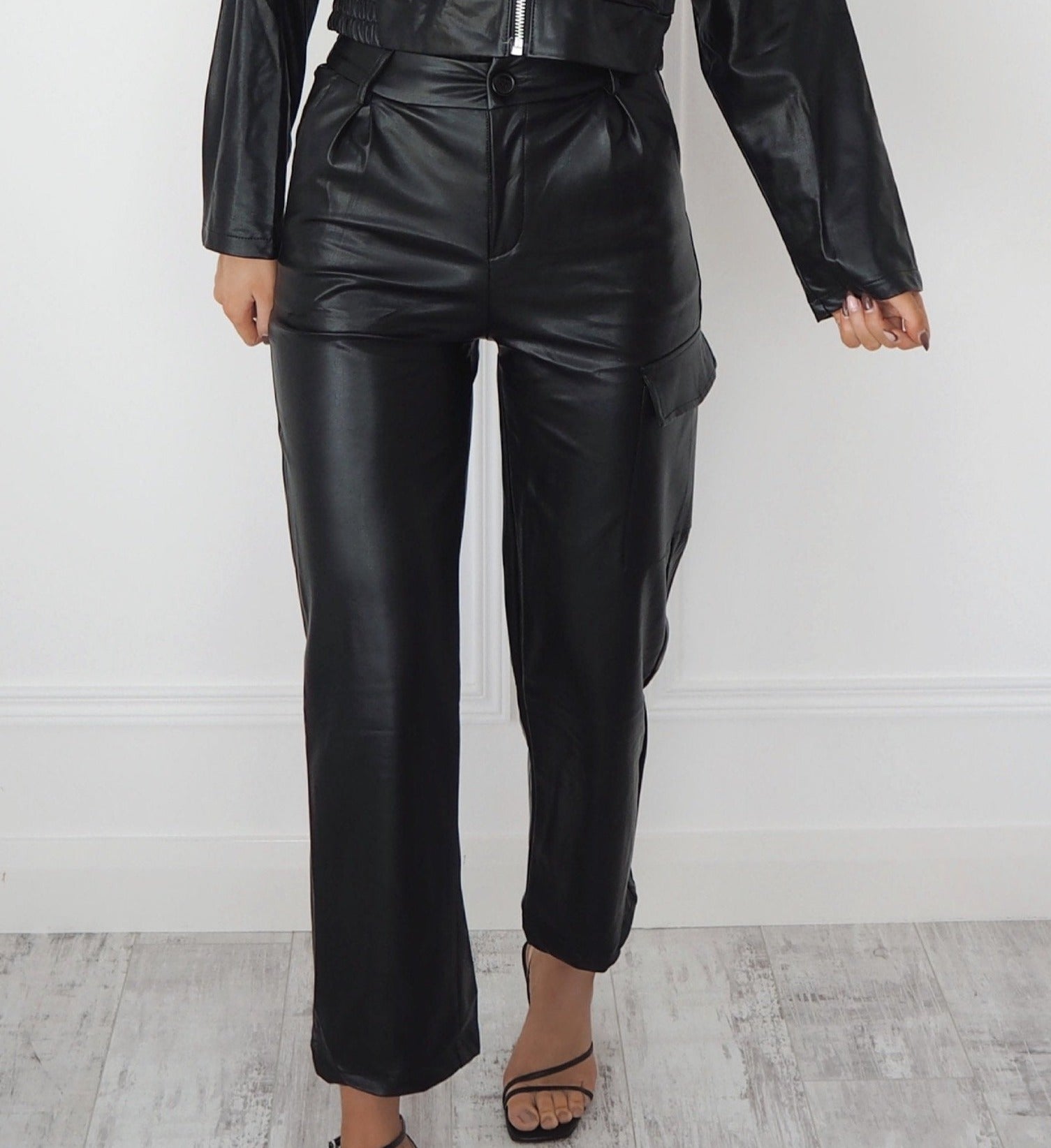 Una Faux Leather Trousers in Black | ikrush