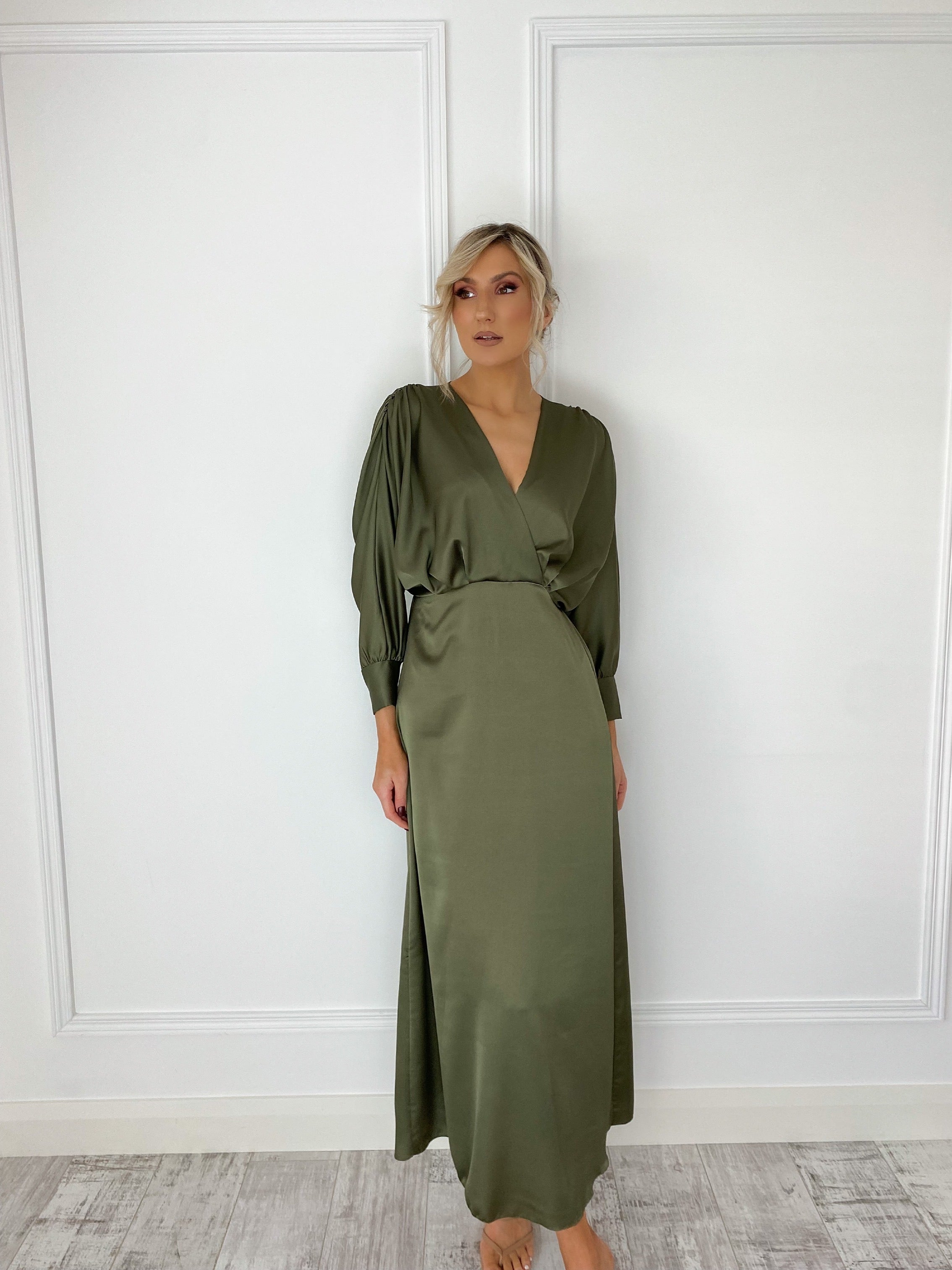 Khaki satin shop wrap dress