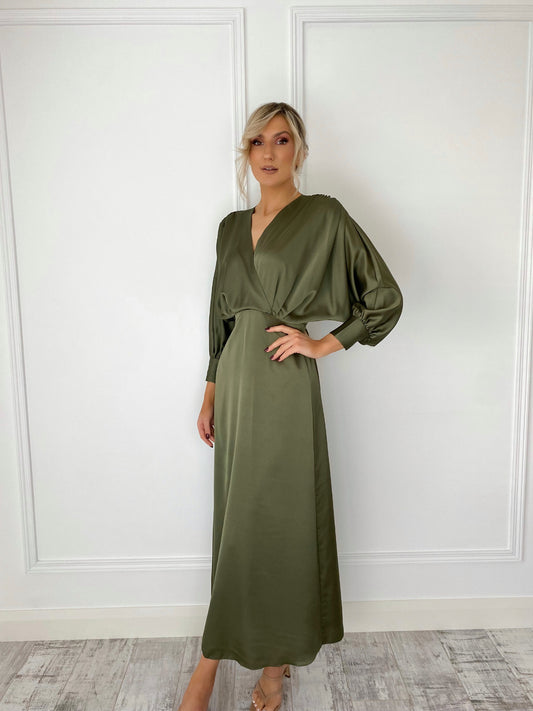 Norah Khaki Satin Dress