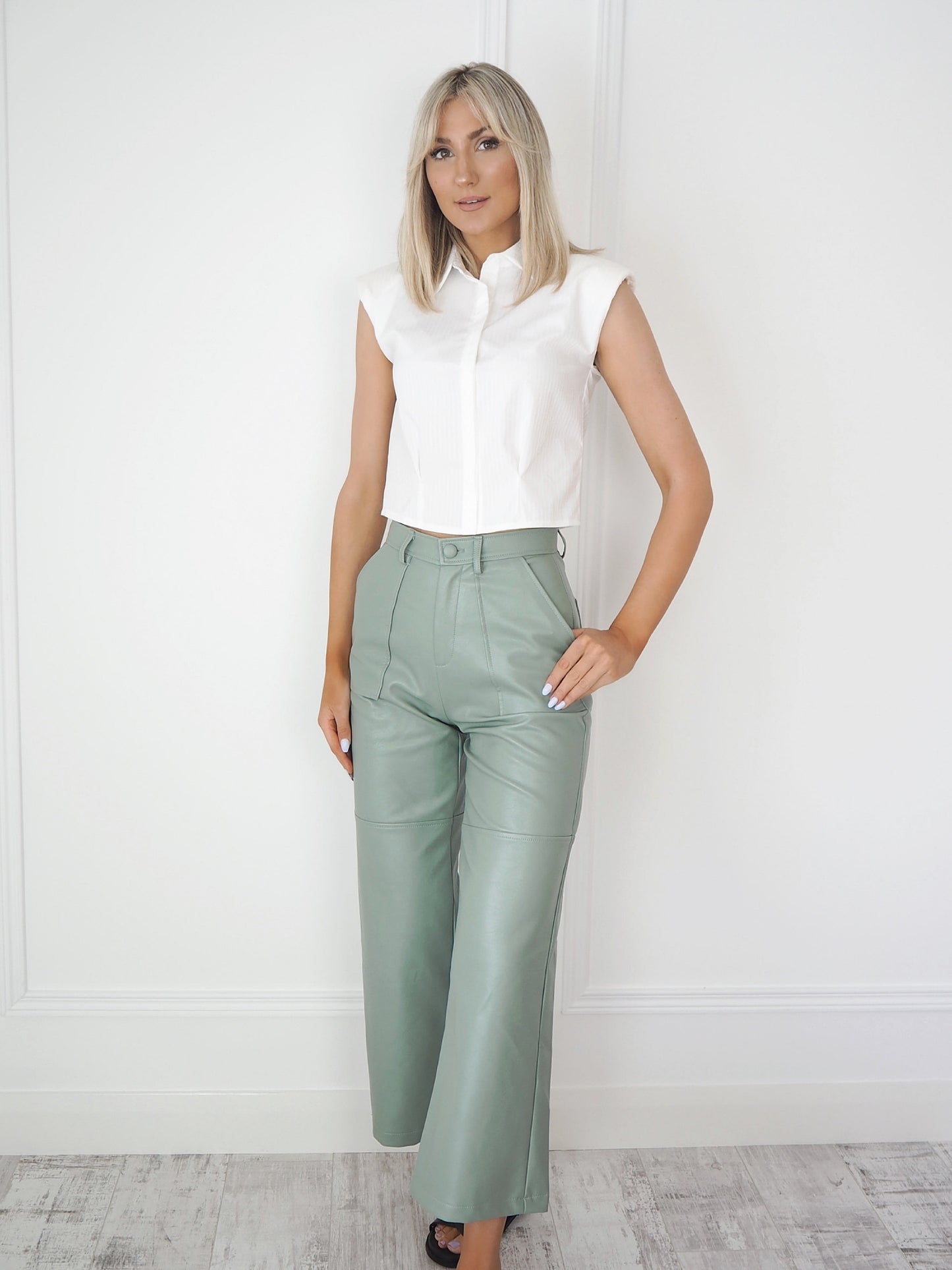 Sage Green Faux Leather Trousers
