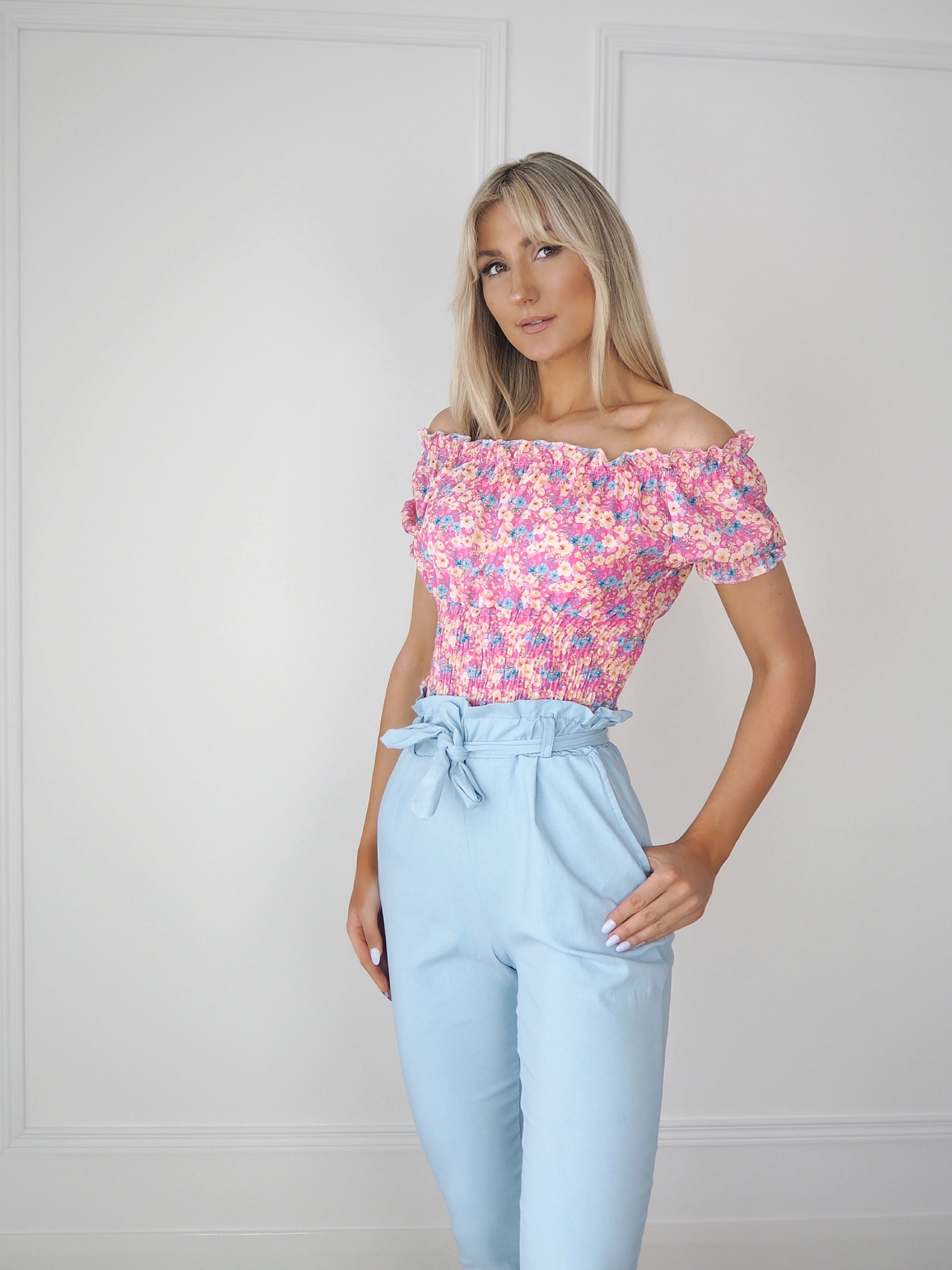 Pink floral bardot outlet top