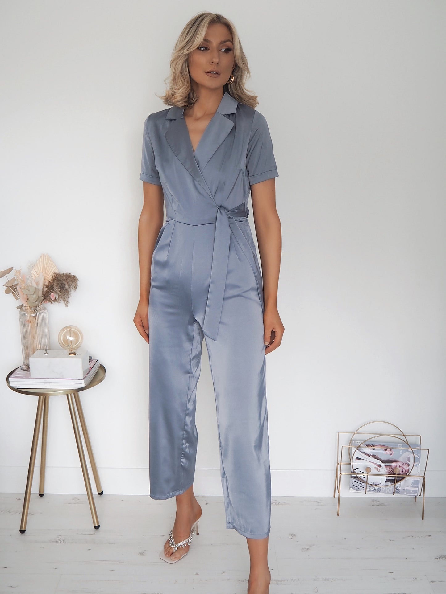 Short Sleeve Satin Jumpsuit - Grey