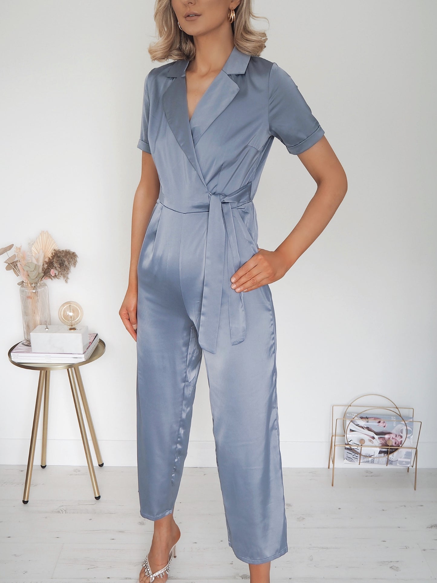 Short Sleeve Satin Jumpsuit - Grey