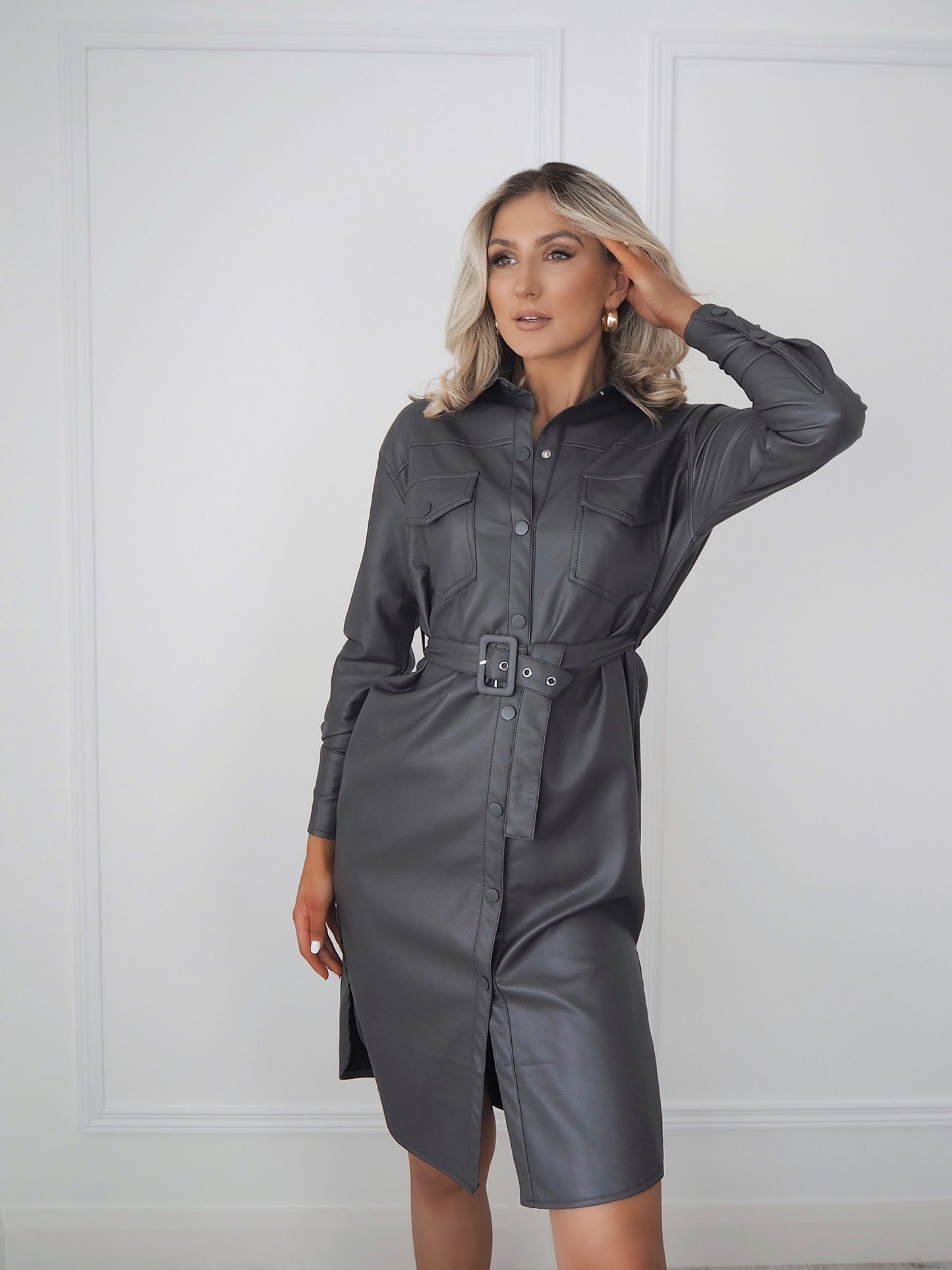 Grey Faux Leather Belted Dress