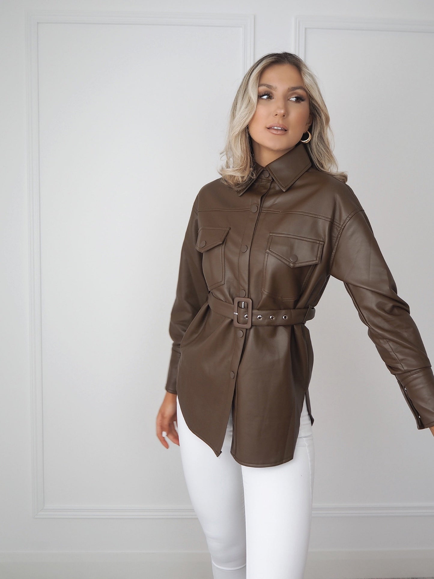 Brown Faux Leather Belted Shirt