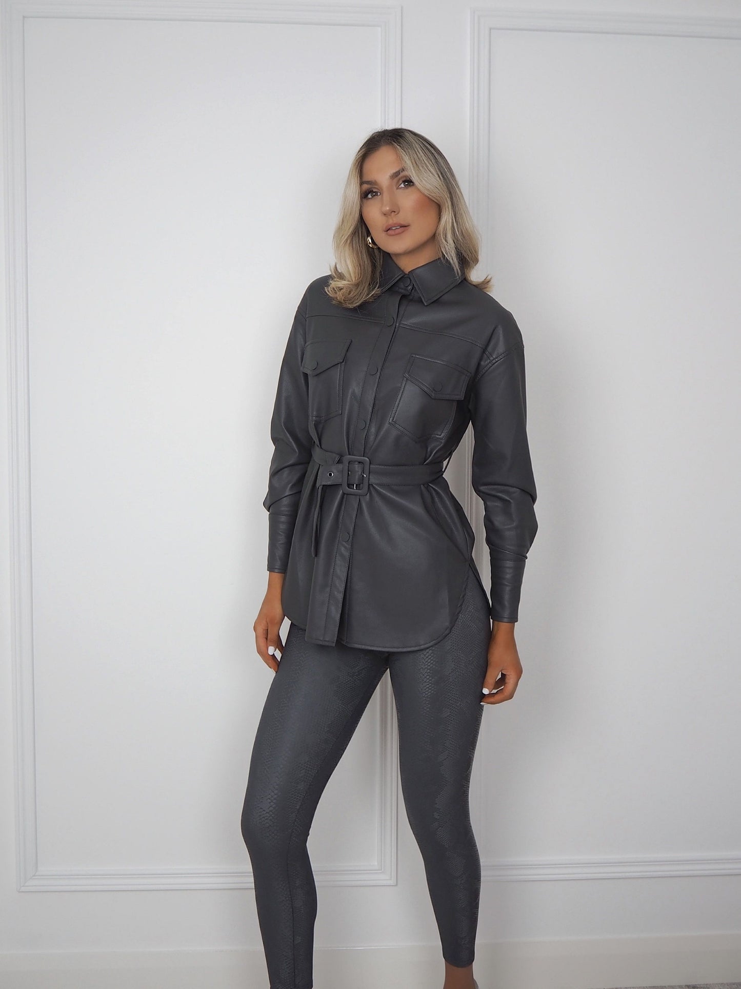 Grey Faux Leather Belted Shirt
